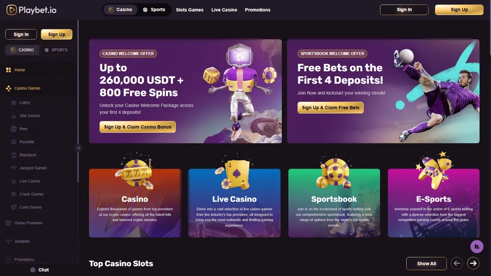 Página principal de Playbet.io (escritorio)