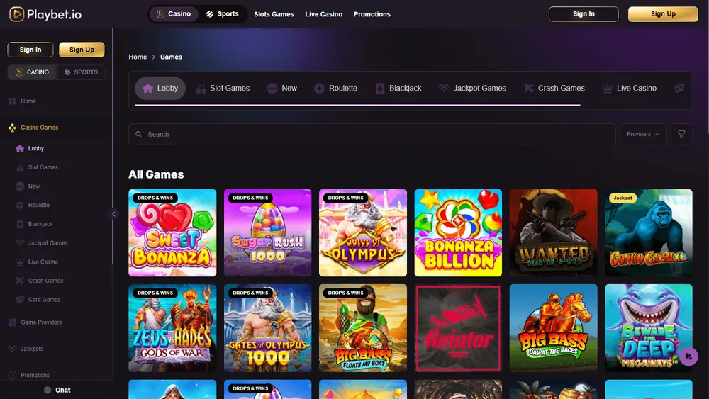 Catálogo de juegos de Playbet.io (escritorio)