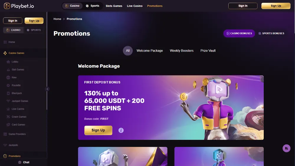 Promociones de Playbet.io (escritorio)