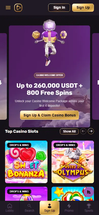 Página principal de Playbet.io (móvil)
