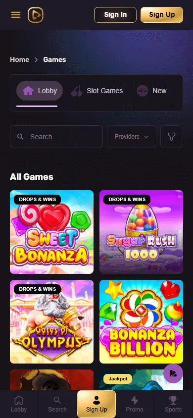 Catálogo de juegos de Playbet.io (móvil)