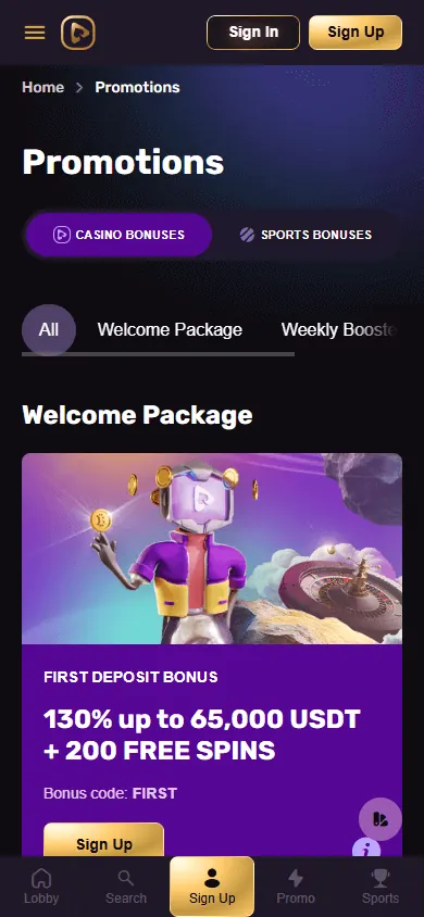 Promociones de Playbet.io (móvil)