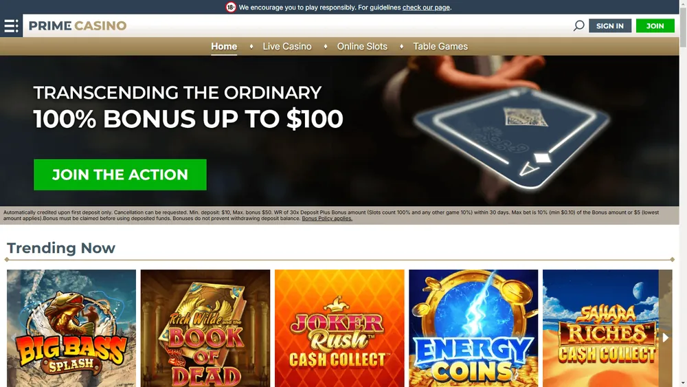 Página inicial de primecasino.com no computador com oferta de 100% até 100 dólares