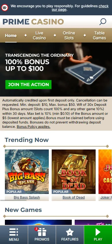 Página inicial de primecasino.com no celular
