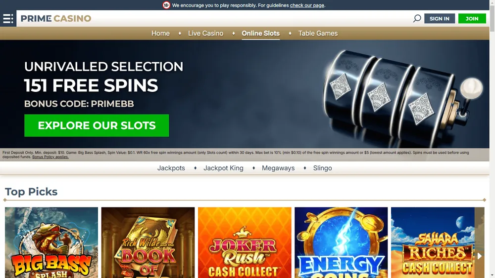 Seção de slots de primecasino.com com banner de 151 rodadas grátis
