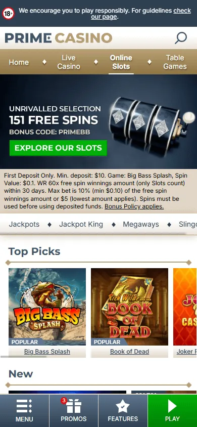 Seção de slots de primecasino.com no celular