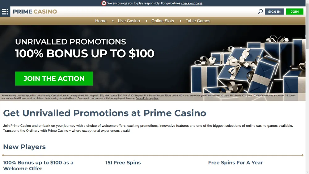 Página de promoções de primecasino.com no computador