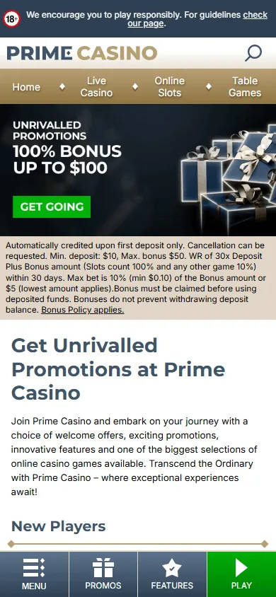 Página de promoções de primecasino.com no celular