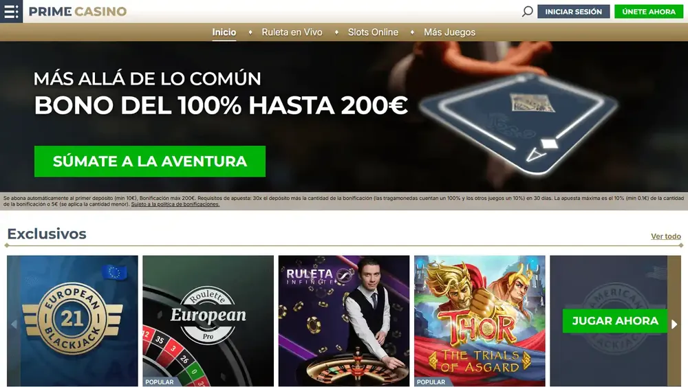 Página inicial do Prime Casino em espanhol com bônus de 100% até 200 euros