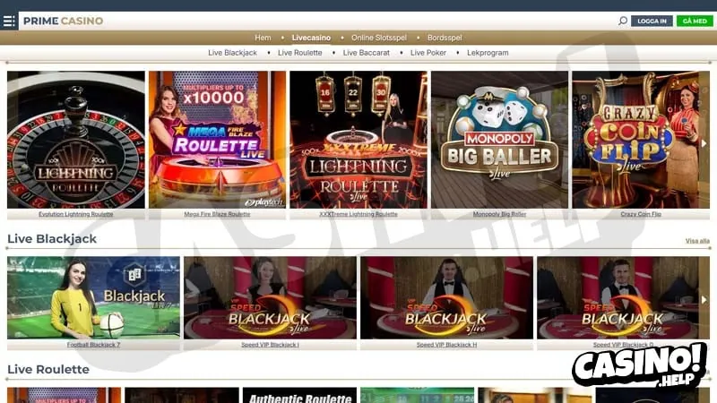 Cassino ao vivo do Prime Casino em sueco com roletas e blackjack