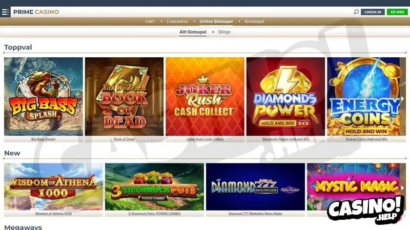 Slots do Prime Casino em sueco, como Big Bass Splash e Book of Dead