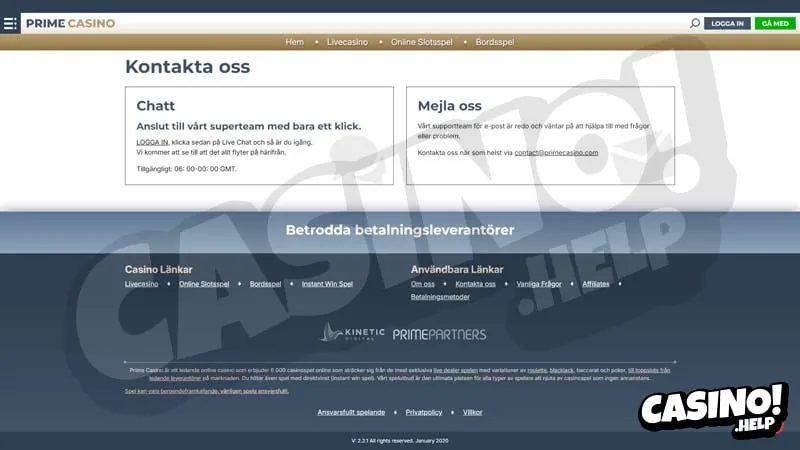 Página de contato do Prime Casino em sueco com chat e e-mail