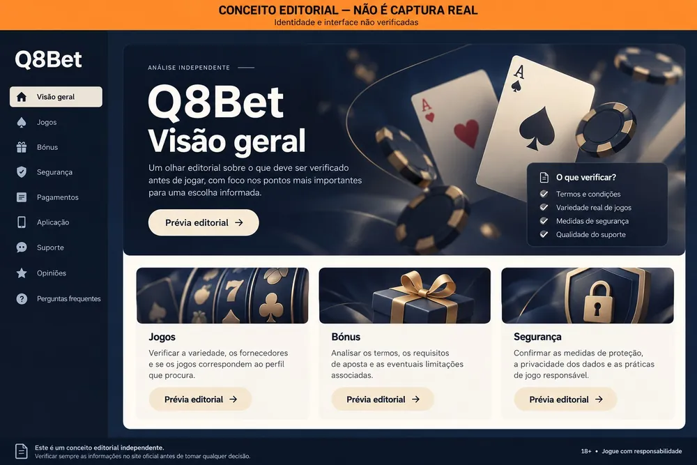 Conceito de painel de visão geral com o nome Q8Bet e cartões de jogos, bônus e segurança