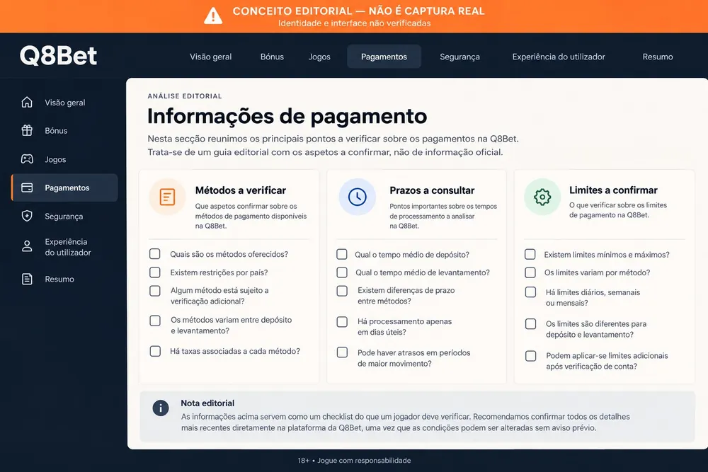Conceito de página de pagamentos com listas de métodos, prazos e limites a confirmar