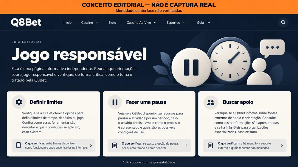 Conceito de página de jogo responsável com limites, pausa e apoio