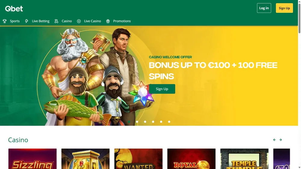 Página inicial da Qbet no computador, em inglês, com banner de bônus até €100 e 100 free spins