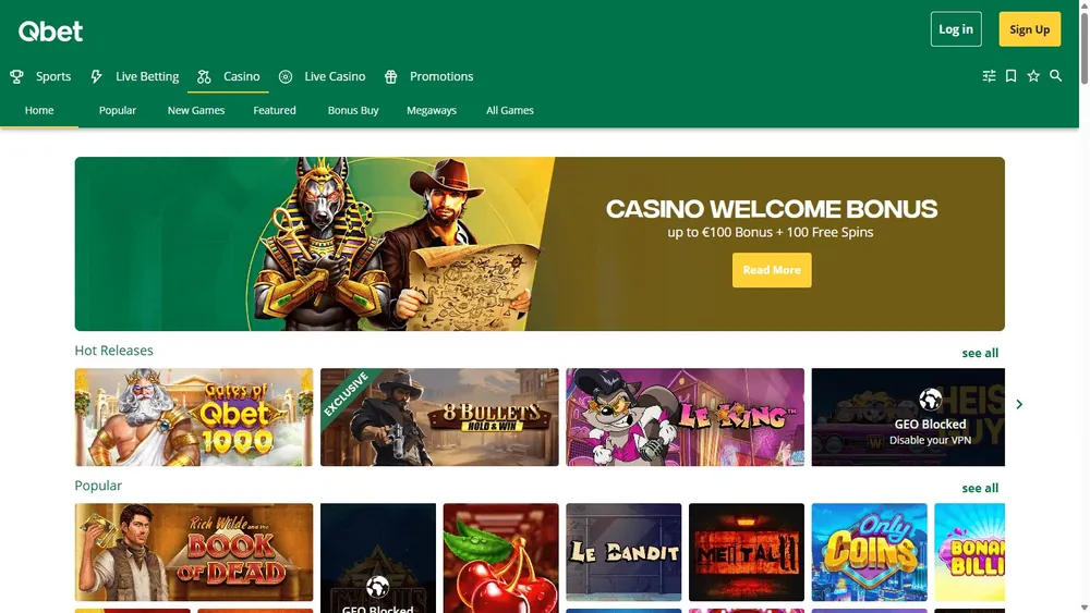 Catálogo de jogos da Qbet no computador com seções Hot Releases e Popular