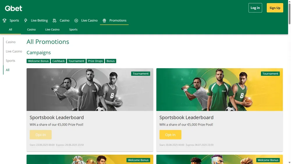 Página de promoções da Qbet no computador com campanhas Sportsbook Leaderboard
