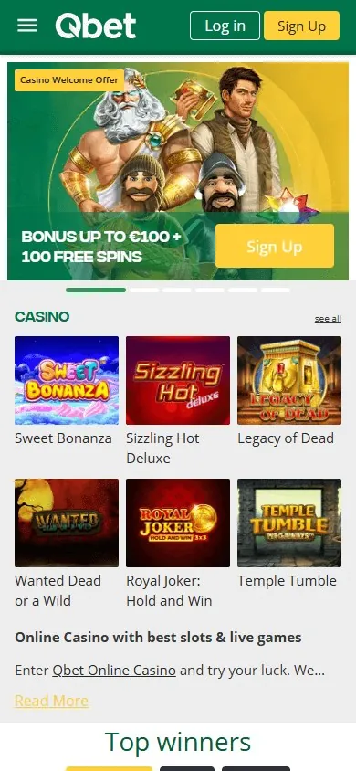 Página inicial da Qbet no celular com banner de bônus e jogos como Sweet Bonanza