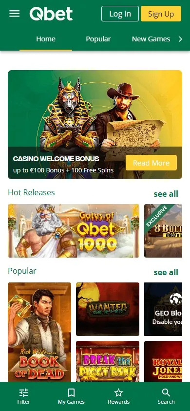 Catálogo de jogos da Qbet no celular com banner Casino Welcome Bonus