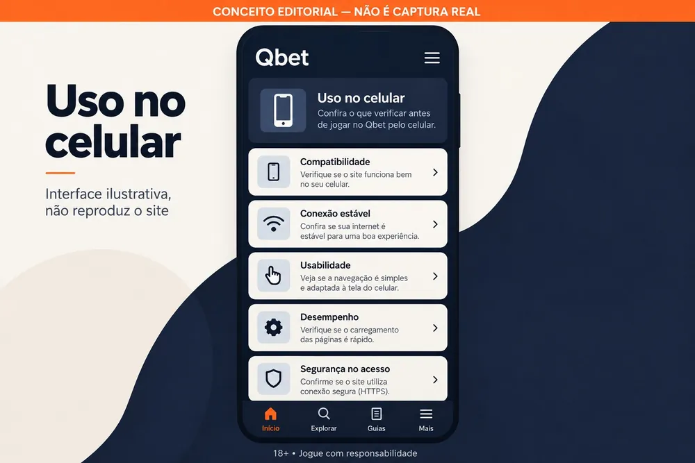Ilustração conceitual de um celular com tópicos sobre uso da Qbet no navegador