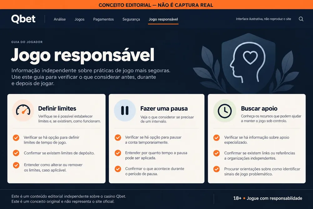Ilustração conceitual de um guia de jogo responsável com limites, pausa e apoio