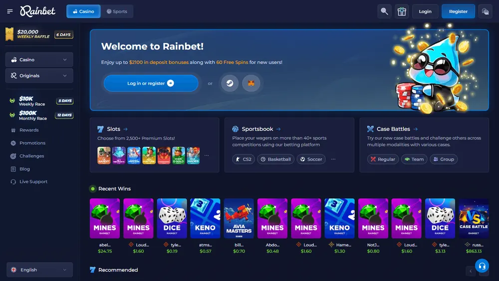 Página principal de Rainbet (escritorio)