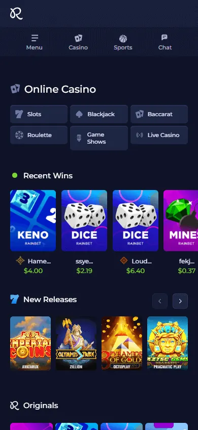 Catálogo de juegos de Rainbet (móvil)