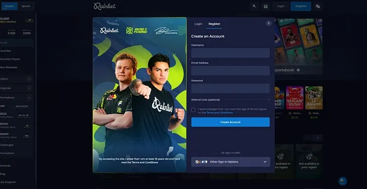 Rainbet: captura del sitio (escritorio)