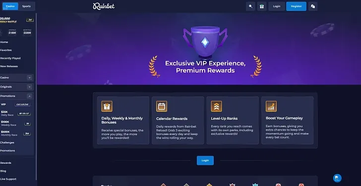 Rainbet: captura del sitio (escritorio)