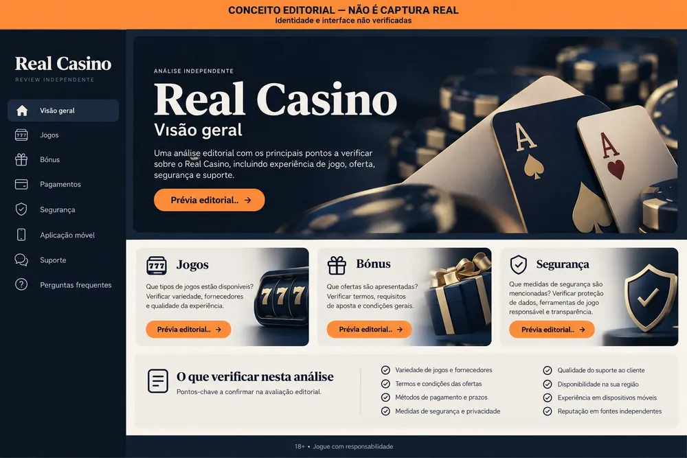 Página conceitual de visão geral com blocos de jogos, bônus e segurança, com o nome Real Casino