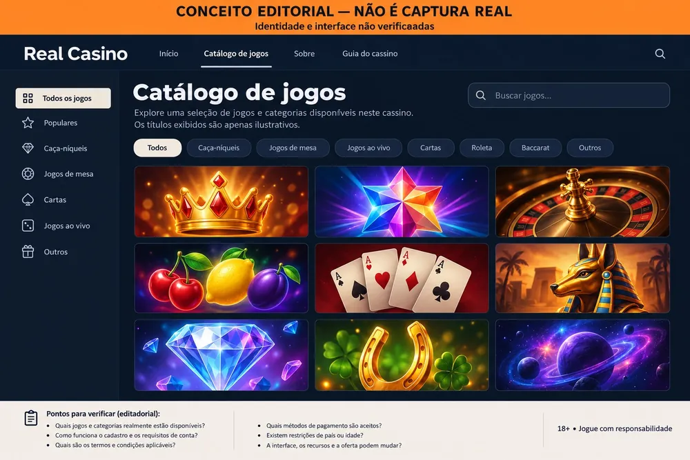 Catálogo conceitual com ícones de slots, cartas e roleta, com o nome Real Casino