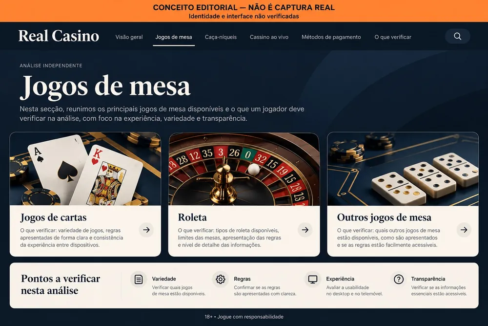 Página conceitual de jogos de mesa com cartas, roleta e dominó, com o nome Real Casino
