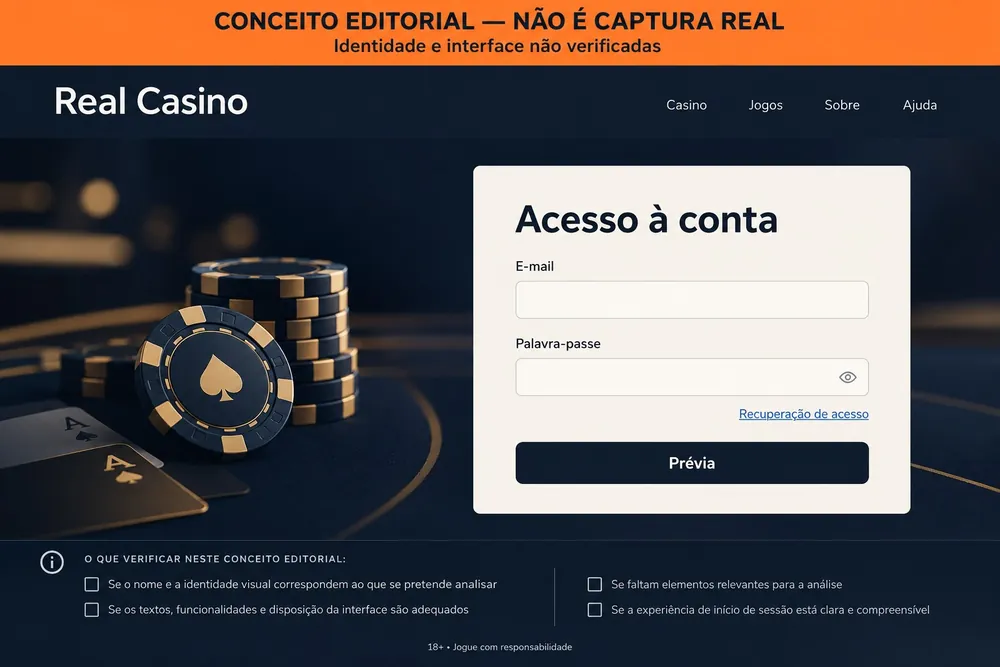 Tela conceitual de acesso com e-mail e palavra-passe, com o nome Real Casino
