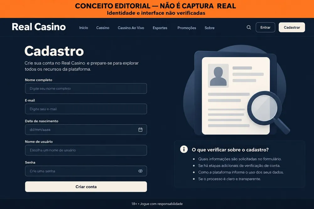 Formulário conceitual de cadastro com nome de usuário e senha, com o nome Real Casino
