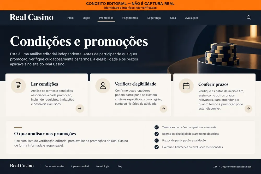 Página conceitual sobre condições e prazos de promoções, com o nome Real Casino