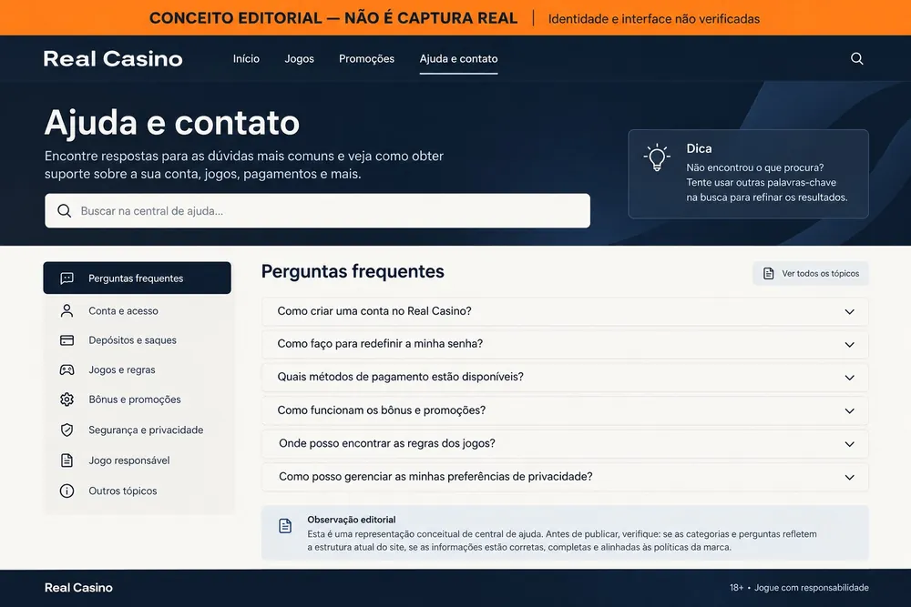 Central de ajuda conceitual com perguntas frequentes, com o nome Real Casino