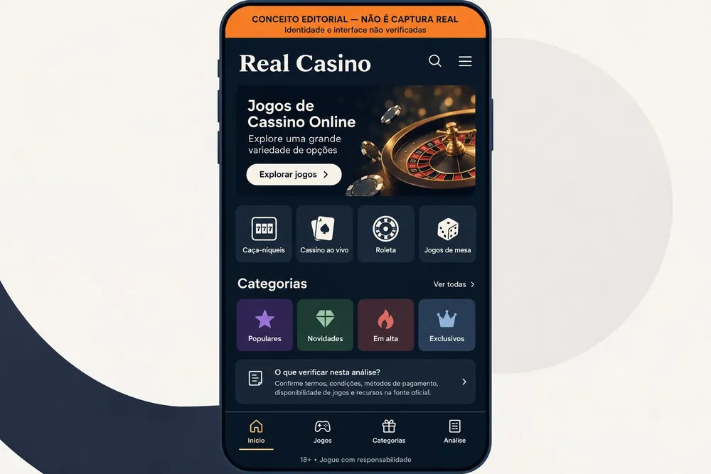 Celular conceitual com categorias de jogos, com o nome Real Casino