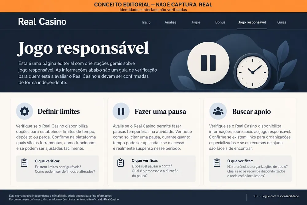 Página conceitual sobre limites, pausa e apoio, com o nome Real Casino
