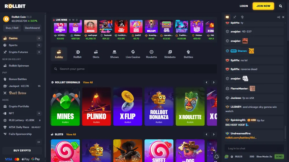 Catálogo de jogos de Rollbit (desktop)