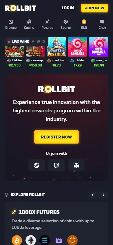 Página inicial de Rollbit (celular)