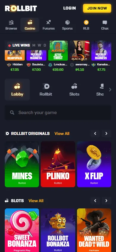 Catálogo de jogos de Rollbit (celular)