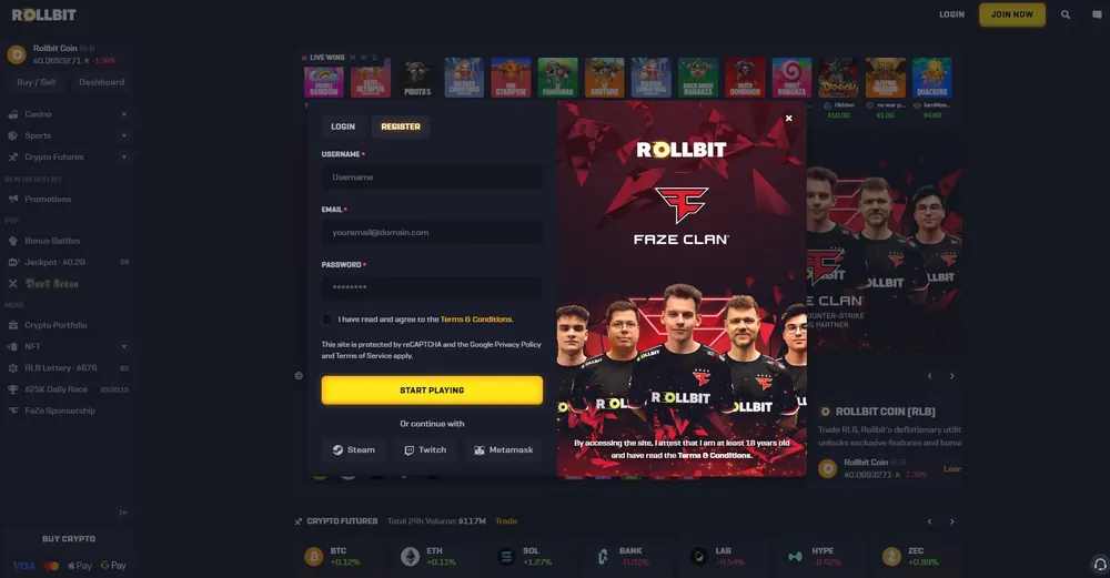Rollbit: captura do site (desktop)