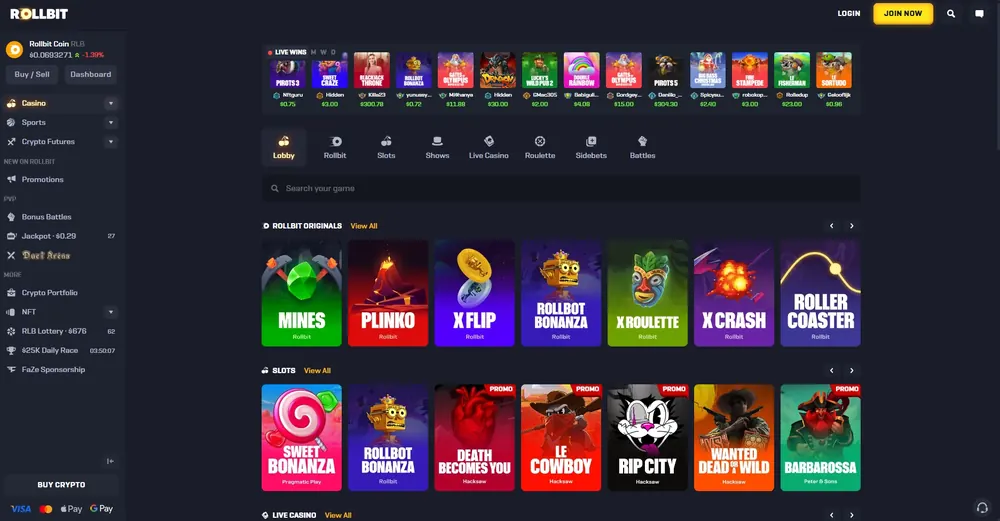 Rollbit: captura do site (desktop)