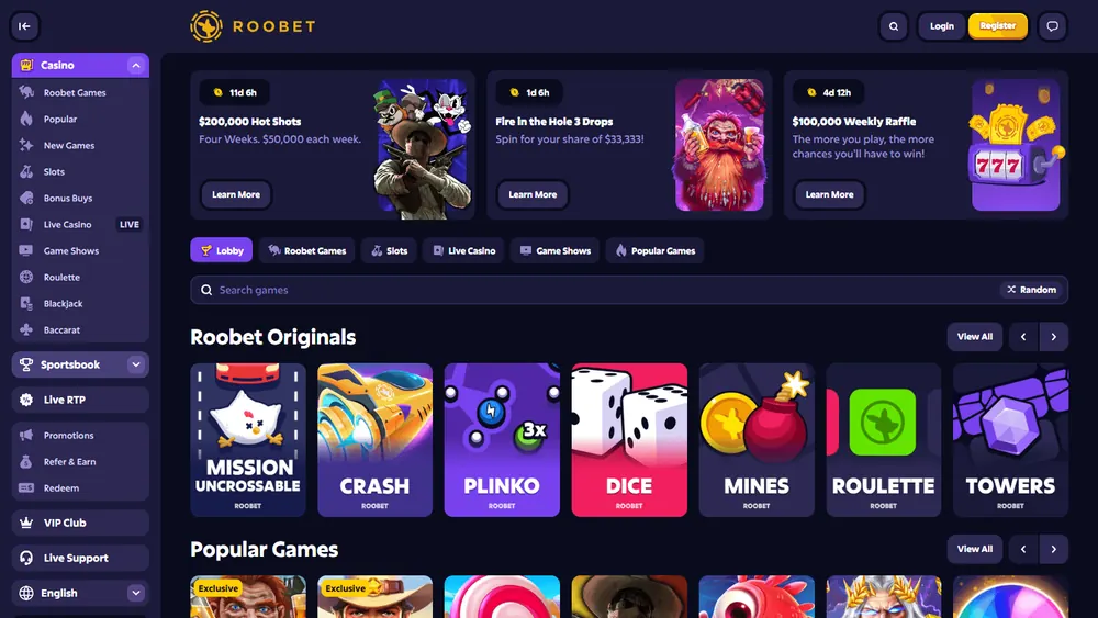 Catálogo de juegos de Roobet (escritorio)