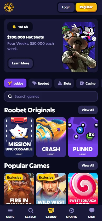 Catálogo de juegos de Roobet (móvil)