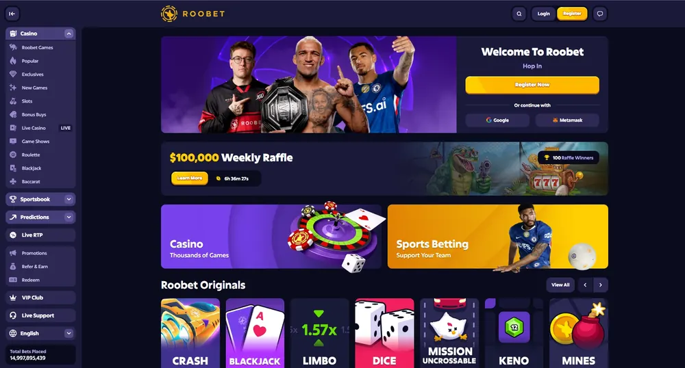 Roobet: captura del sitio (escritorio)