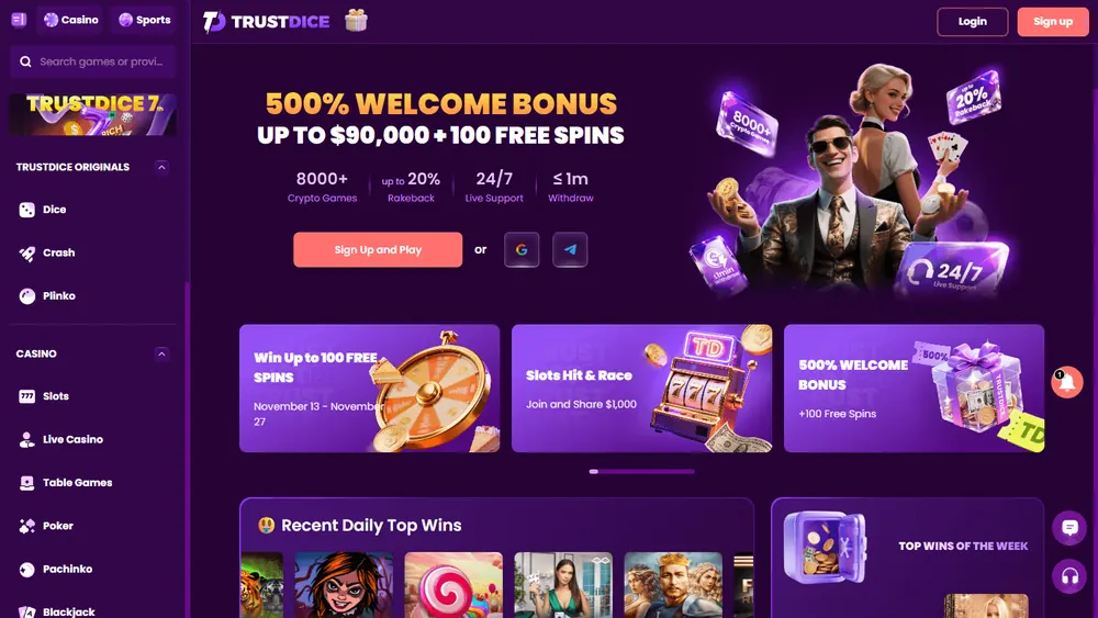 Página principal de TrustDice (escritorio)