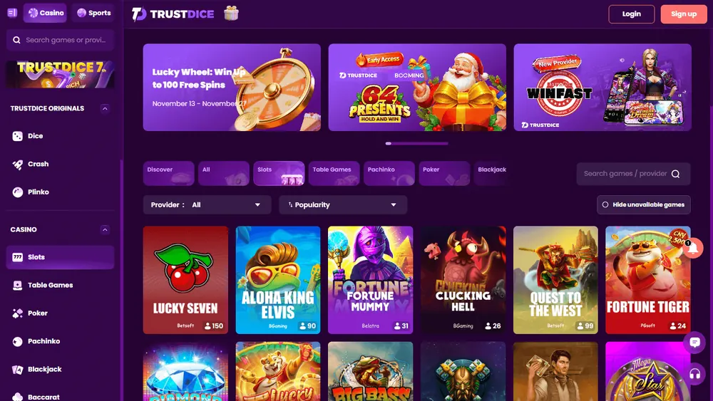 Catálogo de juegos de TrustDice (escritorio)