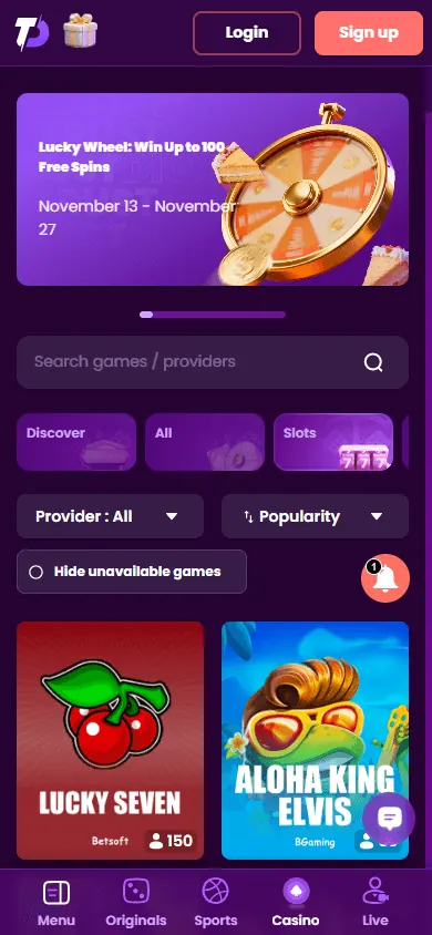 Catálogo de juegos de TrustDice (móvil)